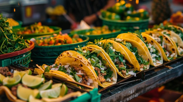A vibrant street food stall with a colorful array of freshly prepared tacos garnished with cilantro onions and lime wedges, photo