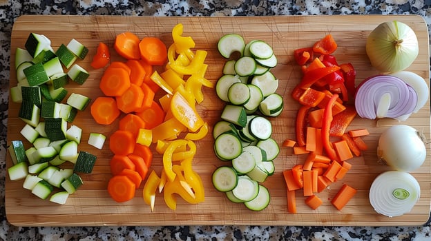 Cutting board with assorted fresh vegetables being prepped including bell peppers zucchini carrots and onions, photorealistic photo