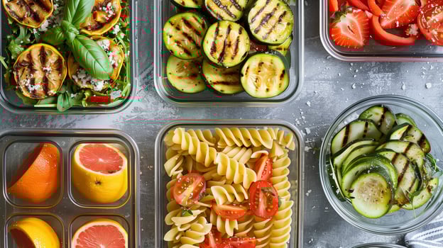 Overhead shot of meal prep containers with pasta salad grilled vegetables and fresh fruit, photo