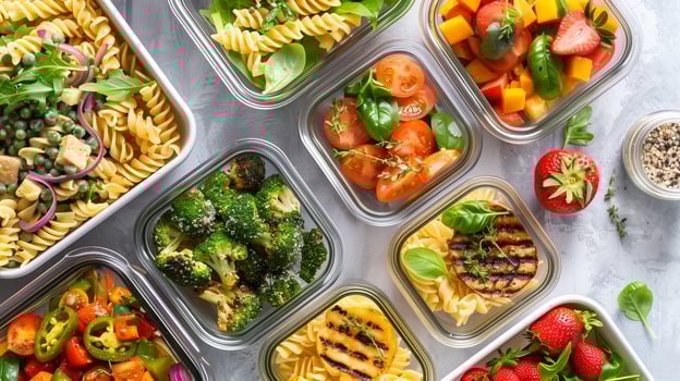 Overhead shot of meal prep containers with pasta salad grilled vegetables and fresh fruit, picture photo