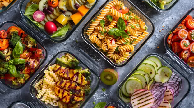 Overhead shot of meal prep containers with pasta salad grilled vegetables and fresh fruit, photography photo