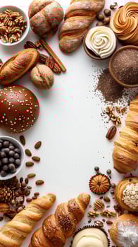 Bakery items arranged in the corner, isolated on a white background, photo