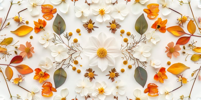 Close-up of pressed floral composition with delicate petals and leaves in symmetric pattern, picture photo