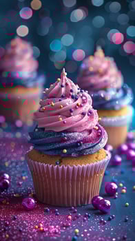 Cupcakes and glitter with luxurious gala lighting, vivid colors, photorealistic photo