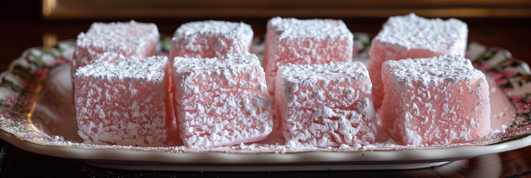 Global treat, Turkish delight coated in powdered sugar, arranged on a traditional ceramic platter, picture photo
