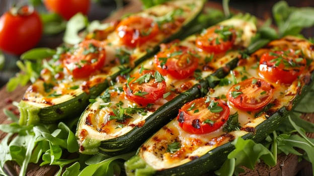 Grilled zucchini boats stuffed with cheese tomatoes and herbs resting on a bed of fresh greens, photography photo