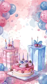 Pastel-colored frame with space for text, made from birthday cakes, candles, and gift boxes in watercolor style, photo