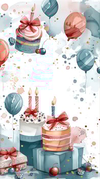 Pastel-colored frame with space for text, made from little birthday cakes, candles, and gift boxes with big bows, photo