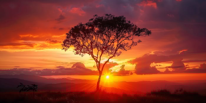 Silhouette of lone tree against spectacular sunset backdrop, photo