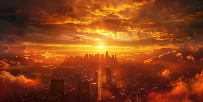 Sun setting behind city skyline, painting buildings gold and crimson, photorealistic photo