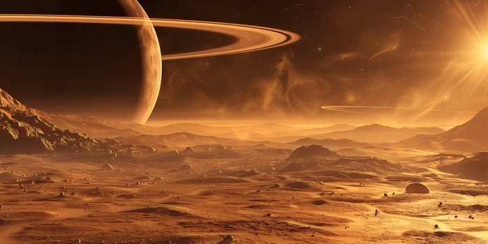 Surface of an exoplanet with rings and unusual terrain, photo