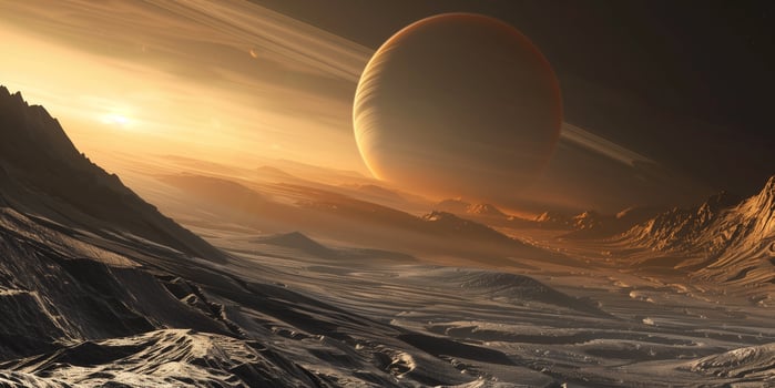 Surface of an exoplanet with rings and unusual terrain, photography photo