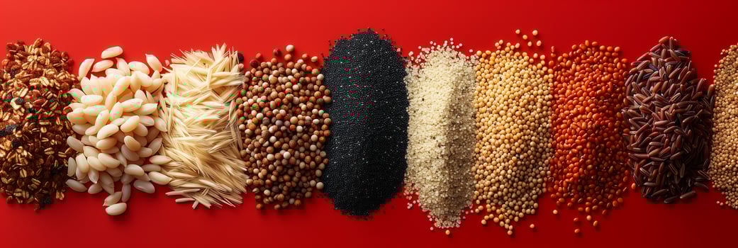 Top view of different grains on bright saturated red background, no shadows, rule of thirds, picture photo