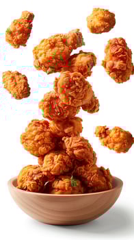 Vertical shot of wings, fast food, chicken, fried, golden, isolated on white, photorealistic photo