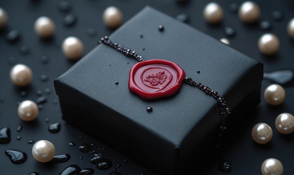 A black box with a red wax seal on it photo