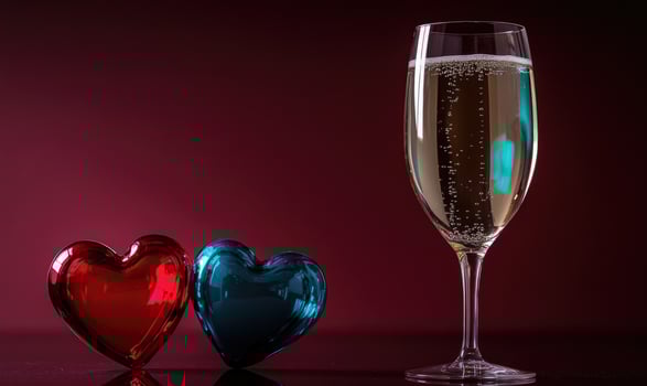 A glass of wine is on a table with two hearts photo