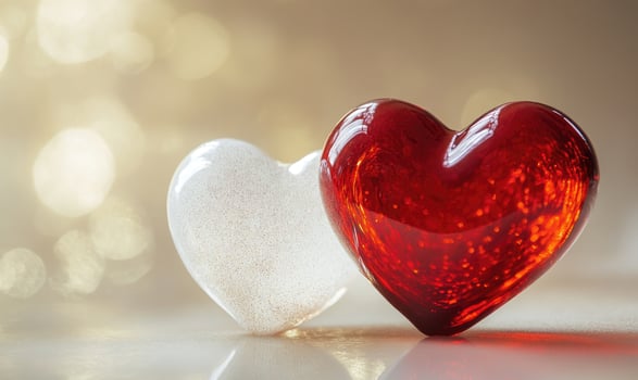 Two hearts, one red and one white, are sitting on a table photo