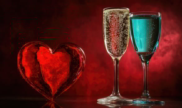 A heart is on a table with two glasses of champagne photo