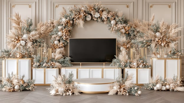 A room with gold and white decorations and a tv photo