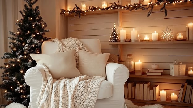 A white chair with a blanket and candles in front of a christmas tree photo