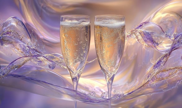 Two champagne glasses are on a table with a purple background photo