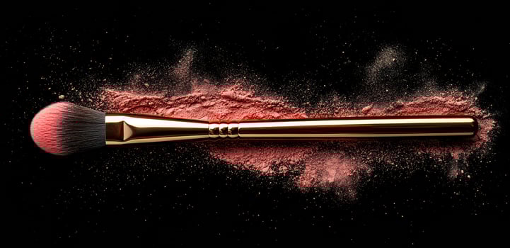 Blush brush on a dark background. A makeup brush rests on a dark surface, surrounded by scattered blush powder, highlighting beauty tools and application. photo