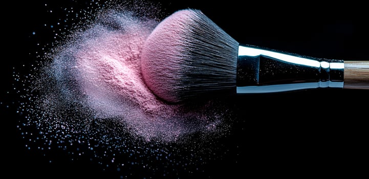 Swirling pink powder with makeup brush. A brush sweeps pink powder, releasing a cloud of cosmetics in a dark setting, highlighting beauty. photo