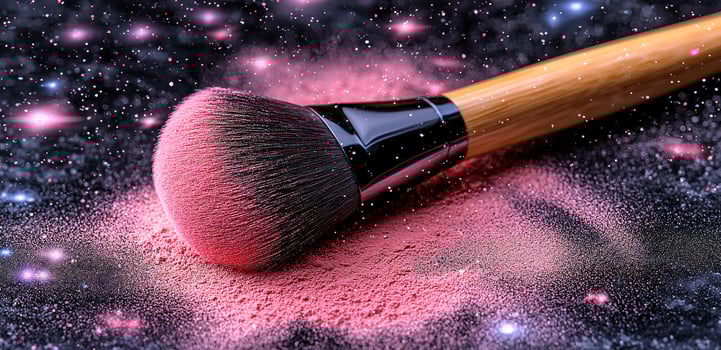 Brush on pink powder, cosmic backdrop. A makeup brush is placed on a bed of pink powder, set against a vibrant cosmic background filled with stars. photo