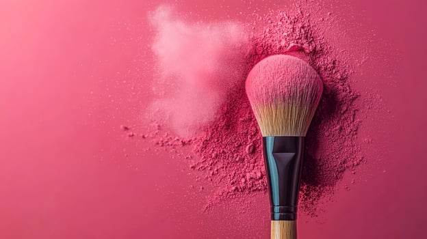 Makeup brush with vibrant pink powder on surface. A makeup brush covered in bright pink powder rests on a pink backdrop, showcasing makeup artistry details. photo