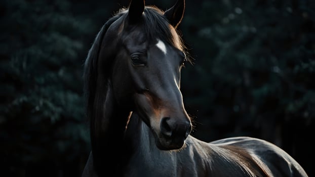 Black Horse Portrait with Dark Forest Background photo