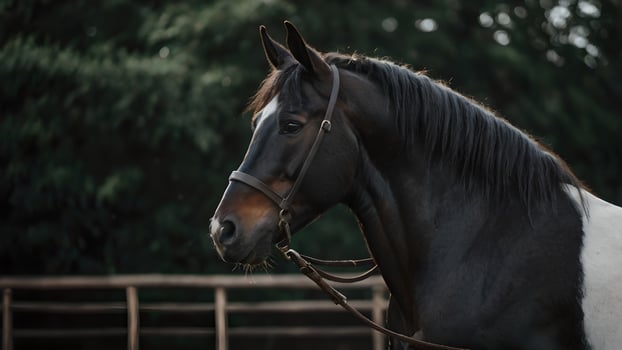Black and White Fresian Horse with a Leather Bridle in a Green Meadow photo
