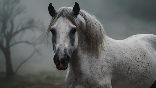 Grey Andalusian Horse Standing in a Misty Forest photo