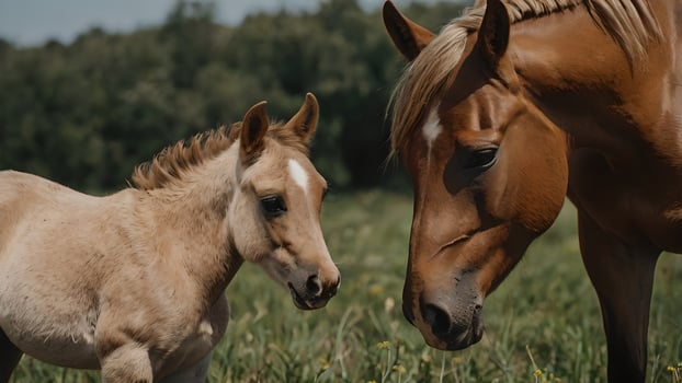 Brown Horse Mare and Foal Face to Face in a Field photo