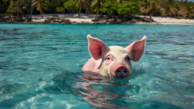 A Pink Pig Swimming in the Crystal Clear Waters of the Caribbean photo