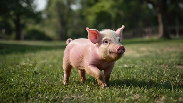Adorable Pink Piglet Playing in Lush Green Grass photo
