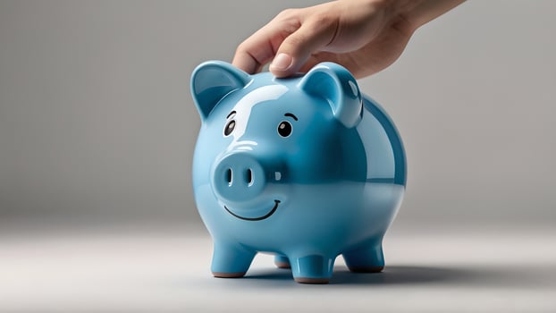 A Sky Blue Piggy Bank with a Smile Stands on a White Surface photo