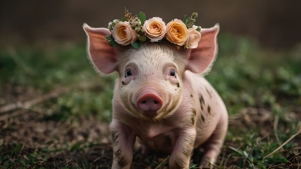 Adorable Piglet with Flower Crown Gazes Curiously photo