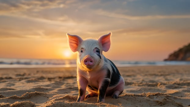 Adorable Piglet Relaxing on a Sandy Beach at Sunset photo