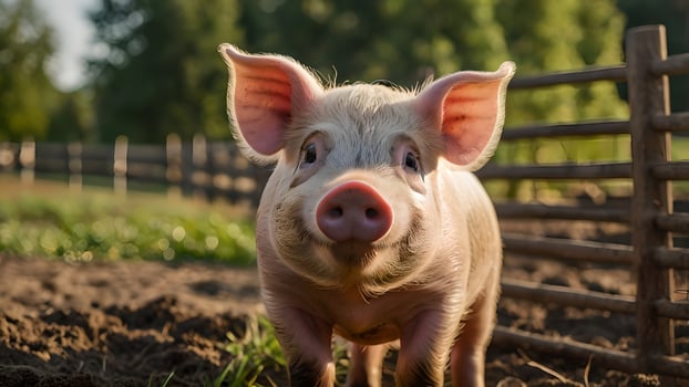 Adorable Pink Piglet Standing on Farm in Summer Sunshine photo