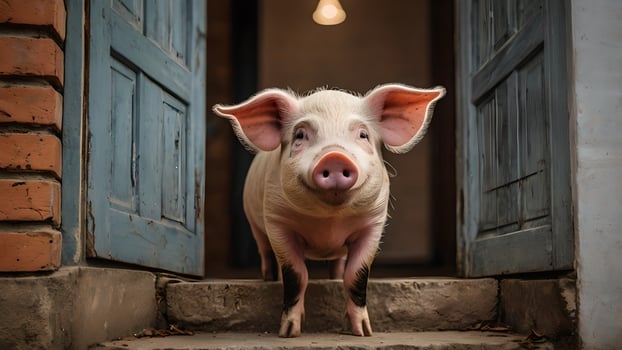 Smiling Pig Standing On Door Step photo
