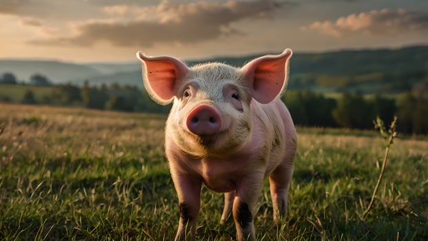 Happy Piglet Standing on a Meadow with Sunset in the Background photo