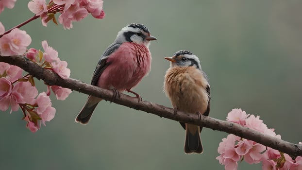 Two Birds Perched on a Branch of Pink Cherry Blossoms photo