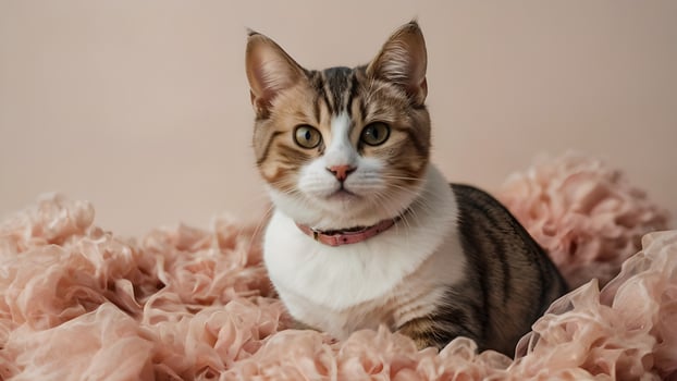 Adorable Tabby Cat Posing on a Pink Ruffled Fabric photo