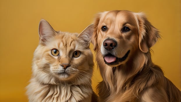 Adorable Golden Retriever Dog and Ginger Cat Posing Together on a Yellow Background photo