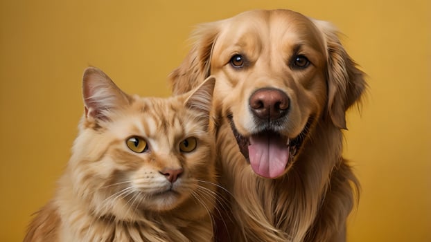 Golden Retriever and Cat Friends Pose Together on Yellow Background photo