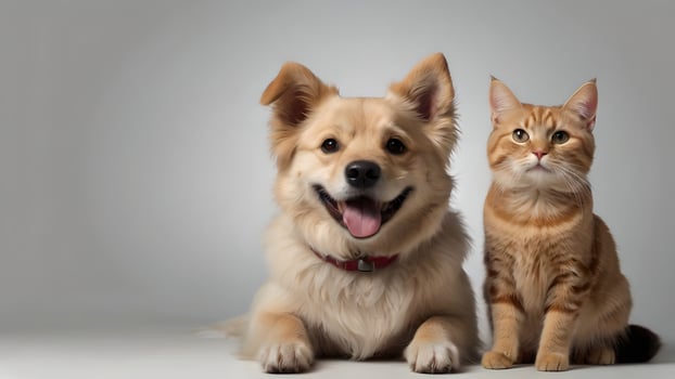 A Happy Dog and Cat Posing Together Against a White Background photo