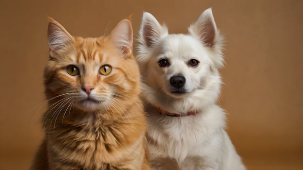 Orange Cat and White Spitz Dog Looking at Camera photo