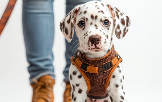 A small white dog with brown spots is wearing a brown vest. The dog is standing next to a person's leg photo