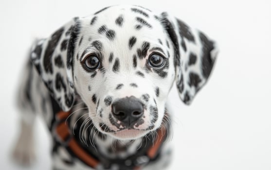 A black and white dog with a brown collar is looking at the camera. The dog is wearing a harness and he is a Dalmatian photo