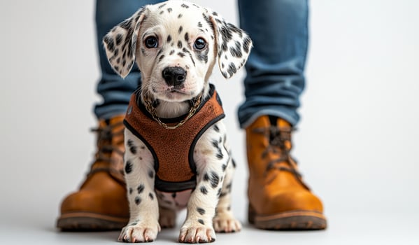 A small dog wearing a vest stands next to a person's foot. The dog is wearing a collar and he is looking up at the camera photo